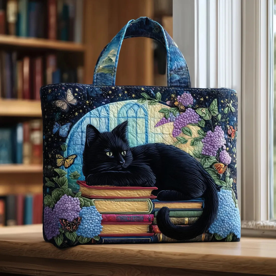 Sac « Chat Noir » fait main posé sur des livres