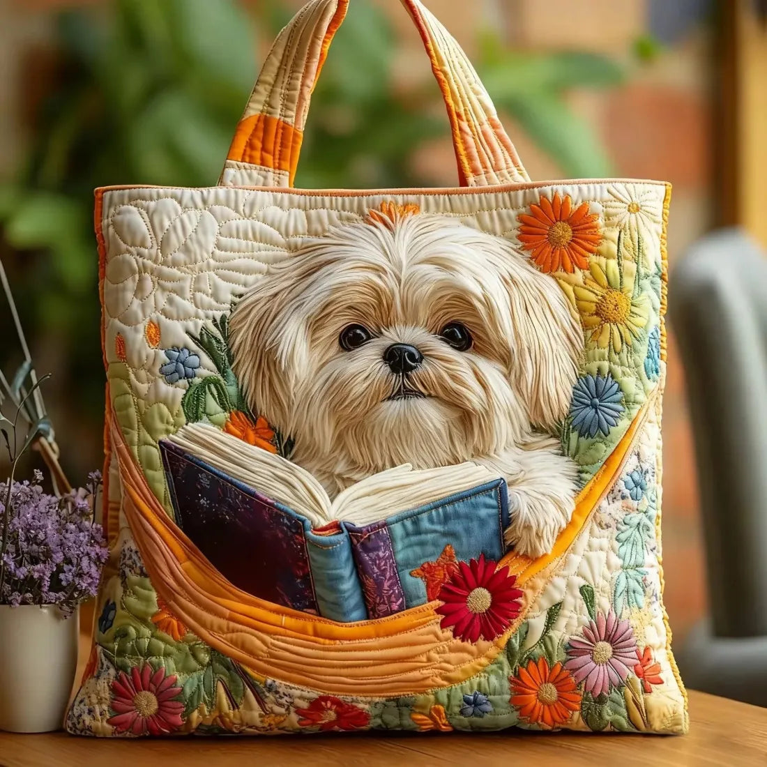 Sac Shih Tzu fait main avec un livre et des fleurs