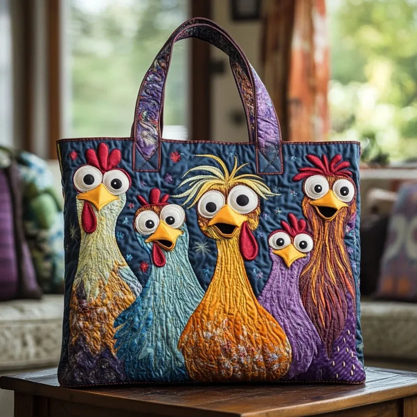 Sac fait main orné de cinq poules colorées