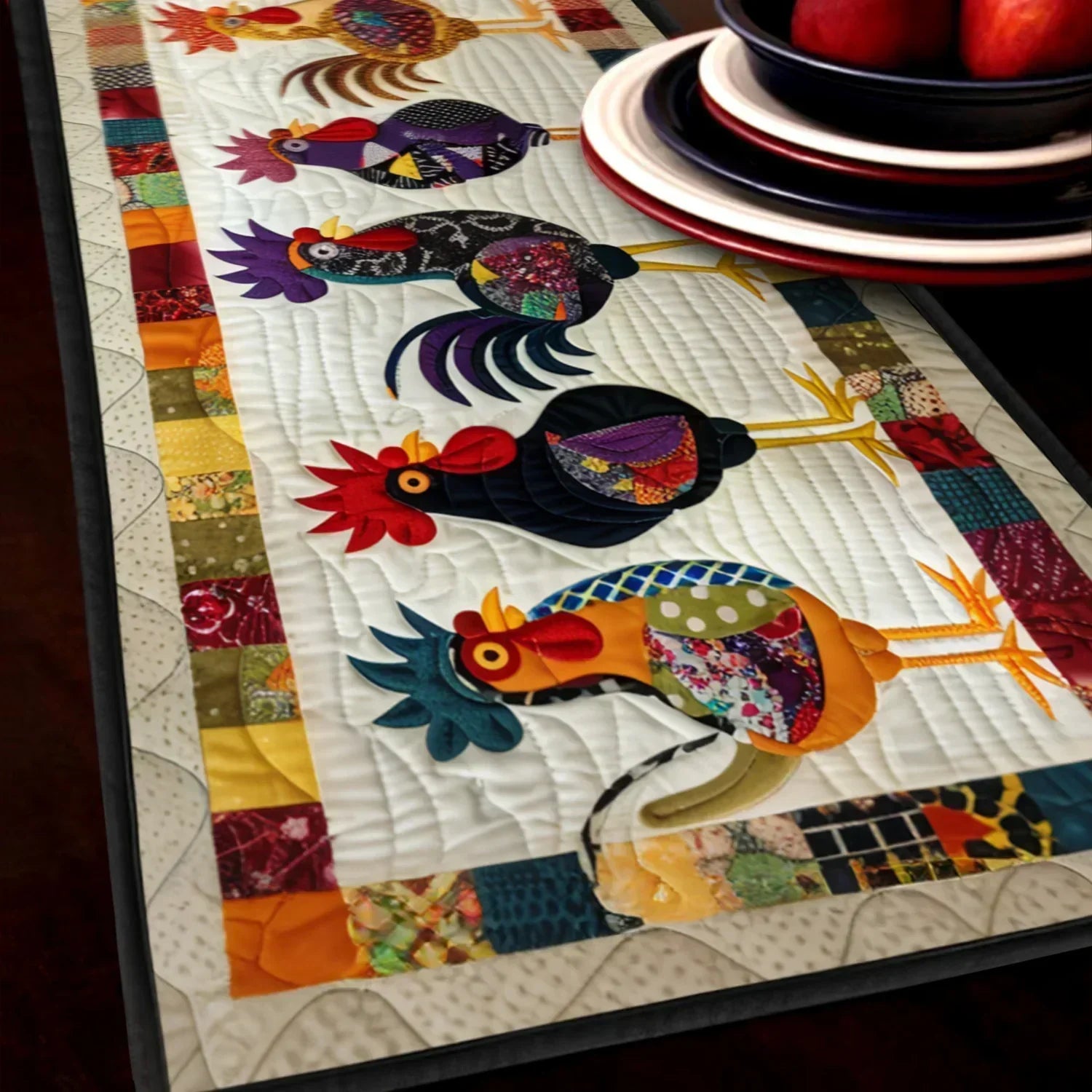 Chemin de table matelassé - Défilé de poules