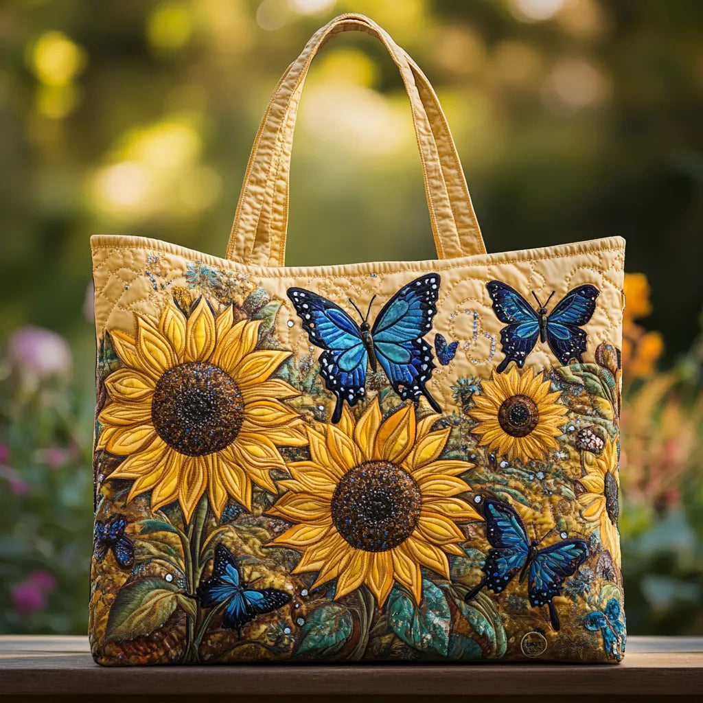 Sac fait main avec un motif de tournesol et de papillon bleu