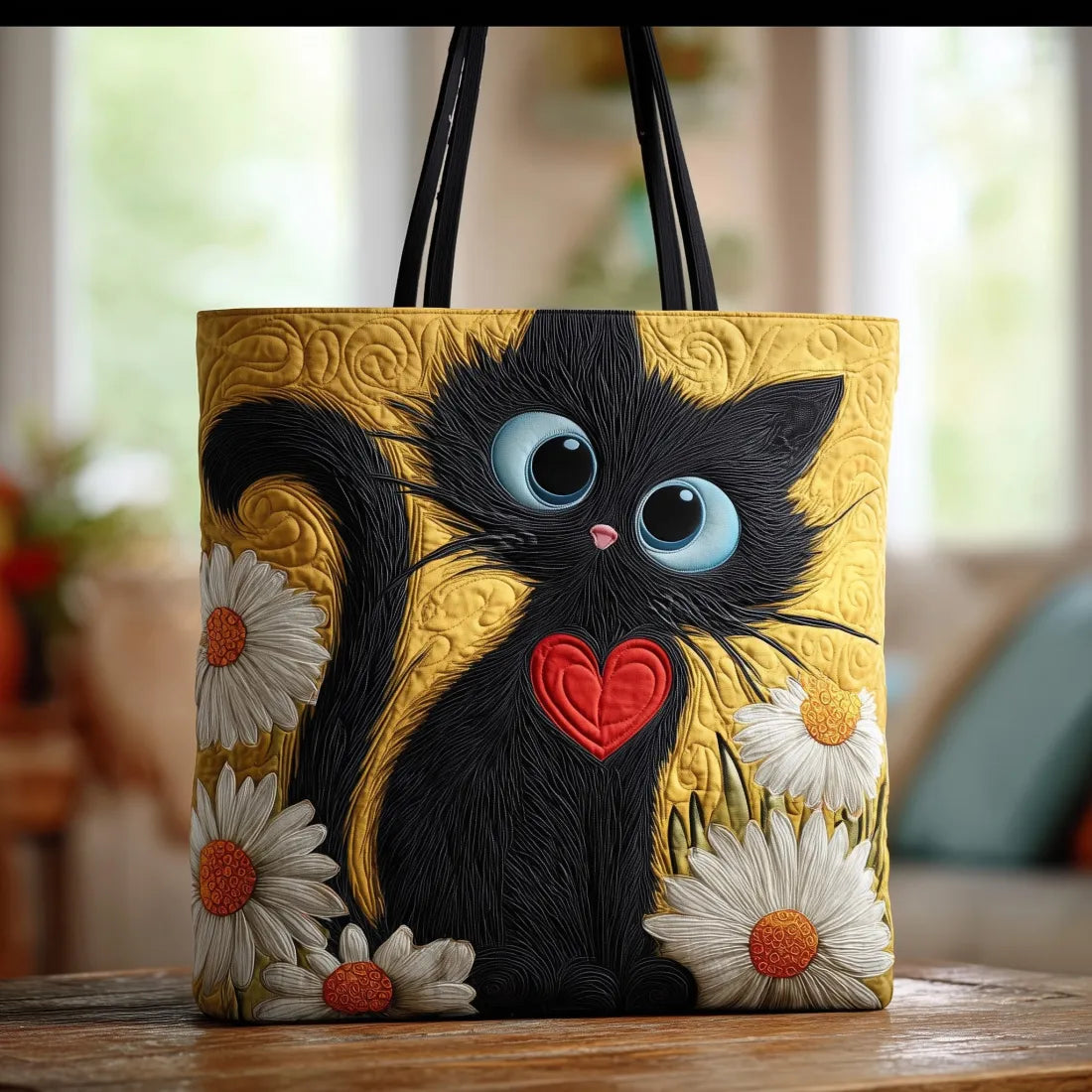 Sac fait main représentant un chat noir, orné d'un cœur et de pâquerettes