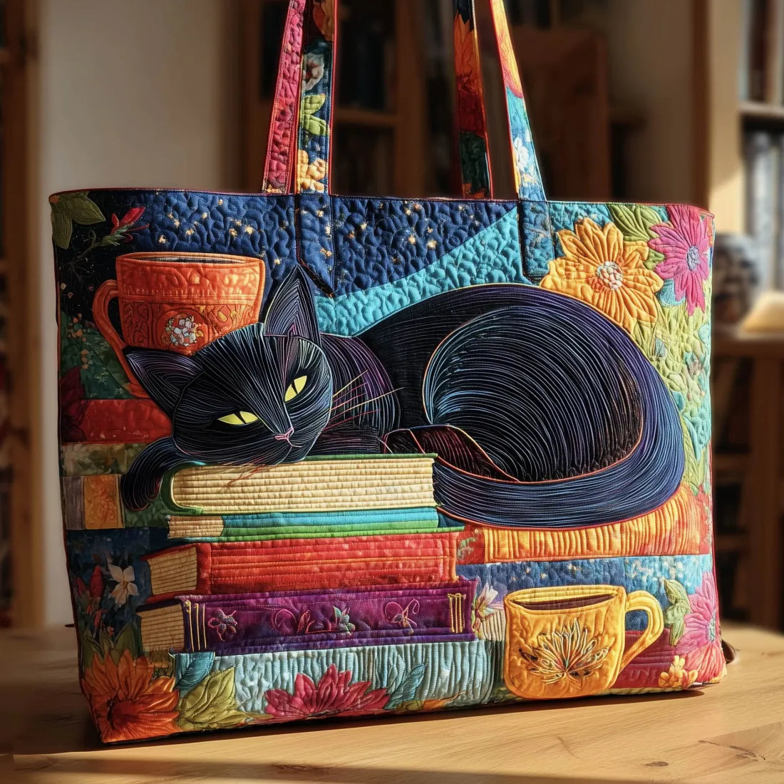 Sac Chat Noir fait main, orné de livres et de tasses