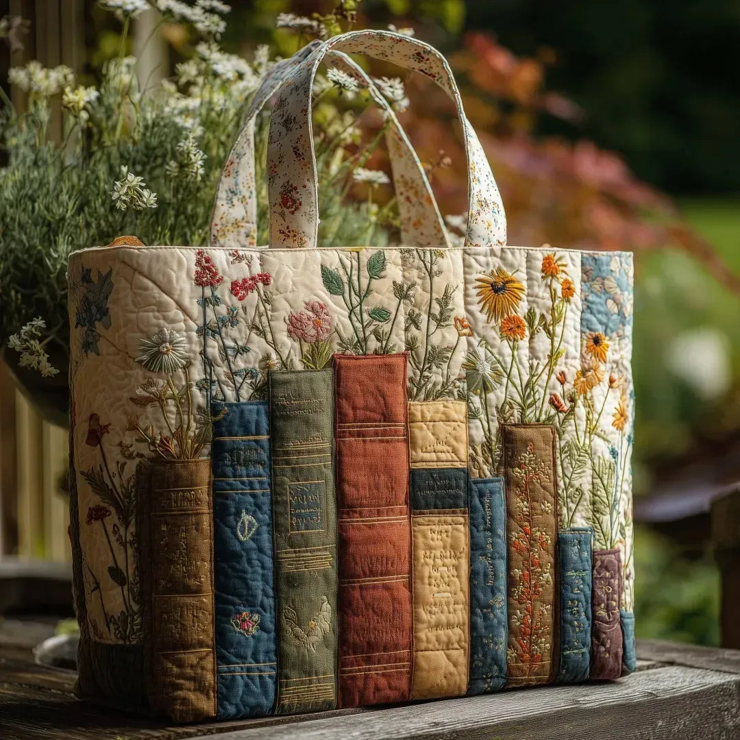 Sac rembourré fait main : livres et fleurs