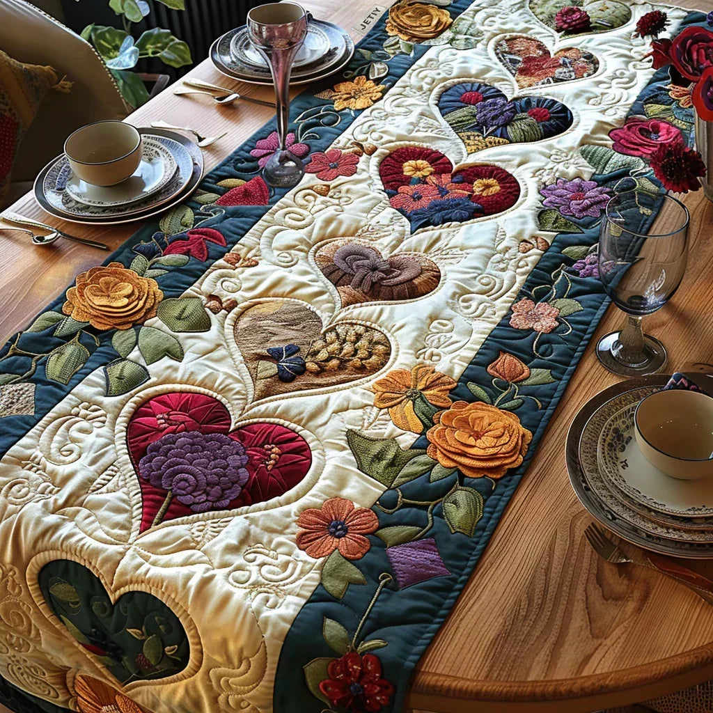 Chemin de table rembourré - Cœurs en fleurs
