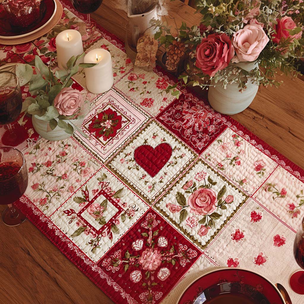 Chemin de table matelassé - Cœurs et roses