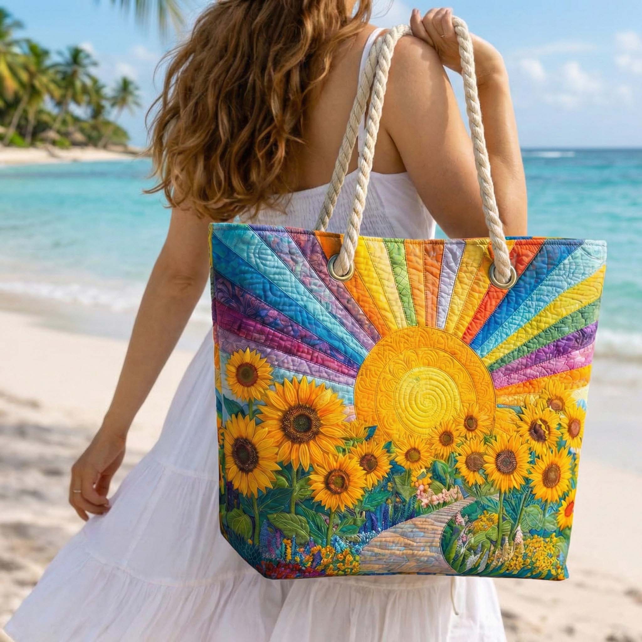 Sac de plage fait main | Soleil arc-en-ciel