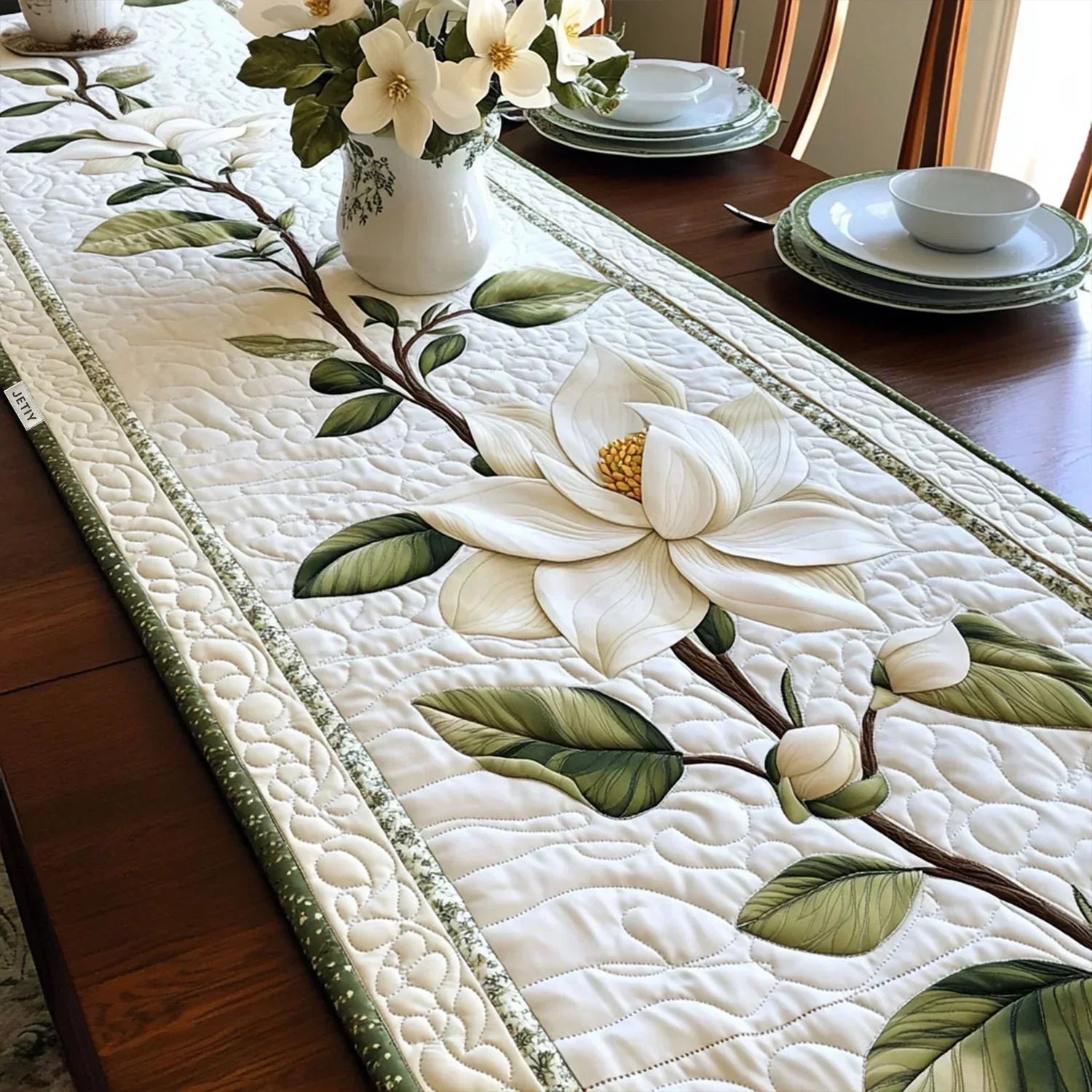 Chemin de table en patchwork - Fleur de magnolia rustique